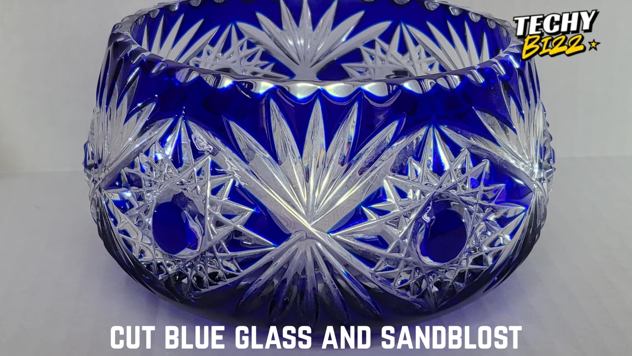 cut blue glass and sandblost