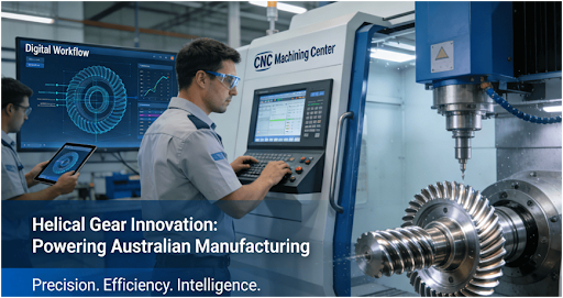 An engineer operates a CNC machining center producing a precision helical gear in a modern Australian manufacturing facility, symbolizing advanced gear cutting and digital workflow integration